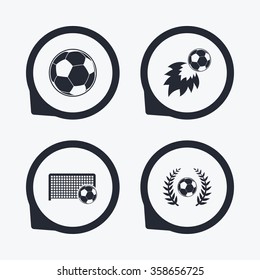 Football icons. Soccer ball sport sign. Goalkeeper gate symbol. Winner award laurel wreath. Goalscorer fireball. Flat icon pointers.