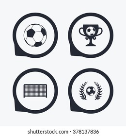 Football icons. Soccer ball sport sign. Goalkeeper gate symbol. Winner award cup and laurel wreath. Flat icon pointers.