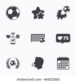 Football icons. Soccer ball sport sign. Goalkeeper gate symbol. Winner award laurel wreath. Goalscorer fireball. Flat talking head, calendar icons. Stars, like counter icons. Vector