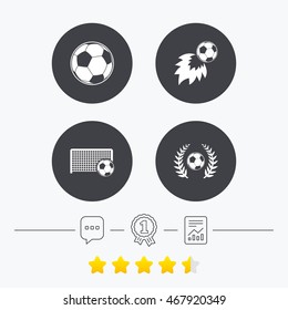 Football icons. Soccer ball sport sign. Goalkeeper gate symbol. Winner award laurel wreath. Goalscorer fireball. Chat, award medal and report linear icons. Star vote ranking. Vector