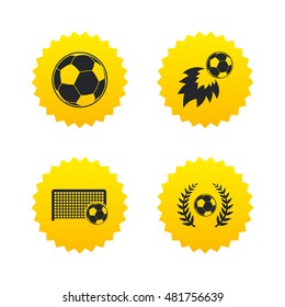 Football icons. Soccer ball sport sign. Goalkeeper gate symbol. Winner award laurel wreath. Goalscorer fireball. Yellow stars labels with flat icons. Vector