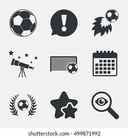 Football icons. Soccer ball sport sign. Goalkeeper gate symbol. Winner award laurel wreath. Goalscorer fireball. Attention, investigate and stars icons. Telescope and calendar signs. Vector