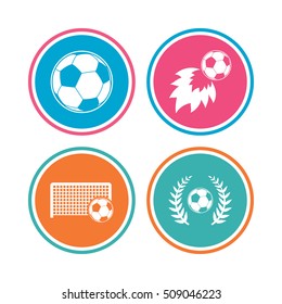 Football icons. Soccer ball sport sign. Goalkeeper gate symbol. Winner award laurel wreath. Goalscorer fireball. Colored circle buttons. Vector