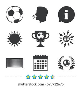 Football icons. Soccer ball sport sign. Goalkeeper gate symbol. Winner award cup and laurel wreath. Information, go to web and calendar icons. Sun and loud speak symbol. Vector