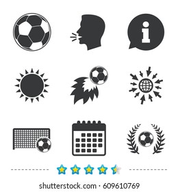 Football icons. Soccer ball sport sign. Goalkeeper gate symbol. Winner award laurel wreath. Goalscorer fireball. Information, go to web and calendar icons. Sun and loud speak symbol. Vector