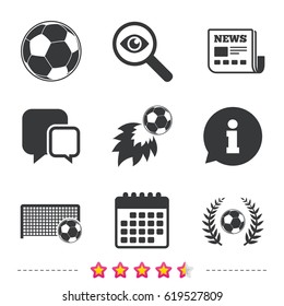 Football icons. Soccer ball sport sign. Goalkeeper gate symbol. Winner award laurel wreath. Goalscorer fireball. Newspaper, information and calendar icons. Investigate magnifier, chat symbol. Vector