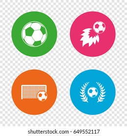 Football icons. Soccer ball sport sign. Goalkeeper gate symbol. Winner award laurel wreath. Goalscorer fireball. Round buttons on transparent background. Vector