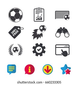 Football icons. Soccer ball sport sign. Goalkeeper gate symbol. Winner award laurel wreath. Goalscorer fireball. Browser window, Report and Service signs. Binoculars, Information and Download icons