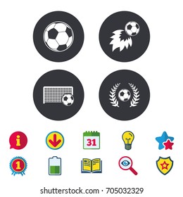 Football icons. Soccer ball sport sign. Goalkeeper gate symbol. Winner award laurel wreath. Goalscorer fireball. Calendar, Information and Download signs. Stars, Award and Book icons. Vector