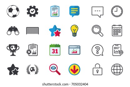 Football icons. Soccer ball sport sign. Goalkeeper gate symbol. Winner award cup and laurel wreath. Chat, Report and Calendar signs. Stars, Statistics and Download icons. Question, Clock and Globe