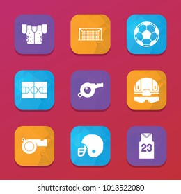Football icons. vector collection filled football icons set.. includes symbols such as basketball field, baseball shirt number 23. use for web, mobile and ui design.