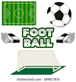 Football icons vector set: ball, soccer goal, field and referee whistle. Cartoon illustration of symbols sports game.