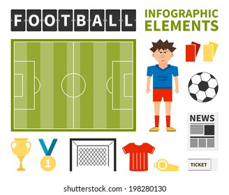 Football infographic elements - football player, ball, goal, newspaper, medal, field made in vector. Soccer championship elements for your infographic or design - easy to edit. 