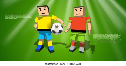 Football infographics and cartoon players on the green field. Soccer player against the background of the stadium FIFA world cup. Welcome to Russia. Football player in Russia 2018