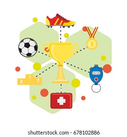 Football Infographics with Flat style icons such as soccer ball, referee, trophy, red card. Can be used for flyer, poster and printing advertising. Vector Illustration.
