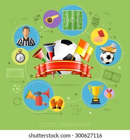 Football Infographics with Soccer Ball and Attributes Icons. 3D Realistic and Flat icons such as referee, trophy, red card. Can be used for flyer, poster and printing advertising. Vector Illustration.