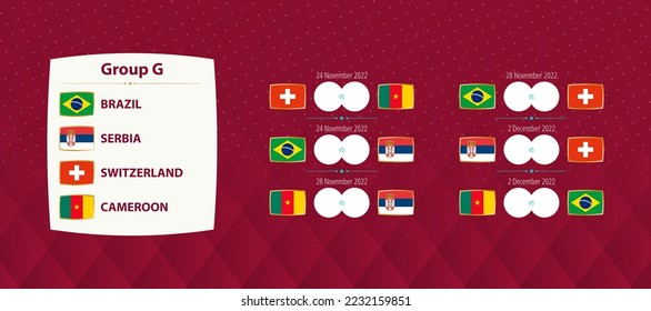 Football international tournament Group G matches, national soccer team schedule matches for 2022 competition. Vector template.