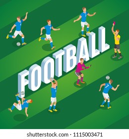 Football isometric background with players in motion kicking ball on stadium field vector illustration 