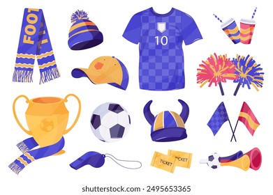 Football items mega set elements in flat cartoon graphic design. Bundle objects of fan scarf and hat, player t-shirt, cap, trophy gold cup, ball, whistle, tickets, flags, other. Vector illustration.