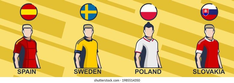 Football jersey 2021. Spain, Sweden, Poland, and Slovakia. Icon football jersey vector illustration.