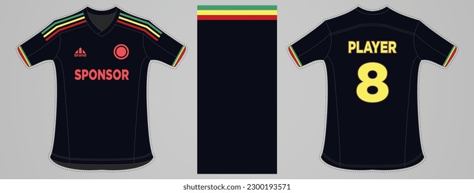 Football Jersey black with collar red, yellow,and green.