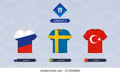 Football jersey with flag, teams of Leagua B, Group 2: Russia, Sweden, Turkey.