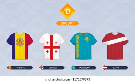 Football jersey with flag, teams of Leagua D, Group 1: Andorra, Georgia, Kazakhstan, Latvia.