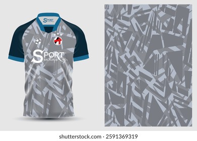 The football jersey is made of grey base with modern and dimensional graphic patterns. The top of the jersey has armbands in contrasting black and blue, adding beauty.