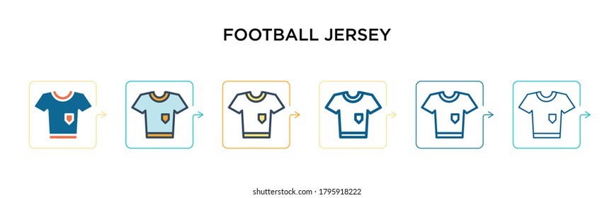 Football jersey vector icon in 6 different modern styles. Black, two colored football jersey icons designed in filled, outline, line and stroke style. Vector illustration can be used for web, mobile,