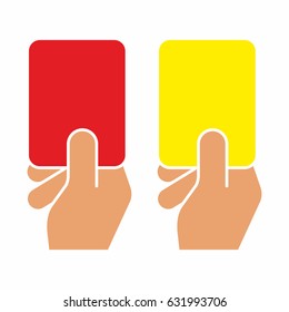 Football judge hand with a card. Red card and yellow card of football.