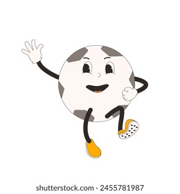 Football jumping ball groovy character. Soccer retro mascot. Cartoon sport equipment isolated on white background. Championship game. Vector rubber hose animation style illustration.