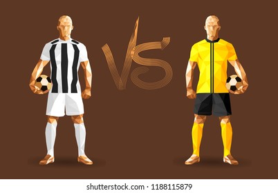 Football, Juventus vs Young Boys soccer players holding vintage footballs, representing two opposing teams, standing isolated with a flat background behind them and a versus sign between them