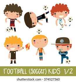 football kids. children sports set. cute flat soccer players in real team kits. Barcelona, Paris, Valencia, Argentina, Kyiv.