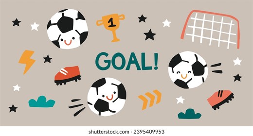 Football kids clipart. Soccerballs, boots, goal, win cup, stars on a beige background. 