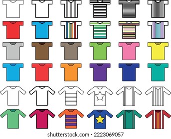 Football kit. T-shirt set. Game t-shirts in different colors for sports teams. Kit for kids