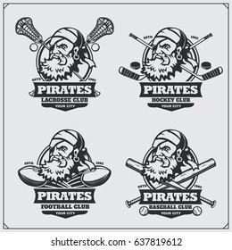 Football, lacrosse, baseball and hockey logos and labels. Sport club emblems with pirate.