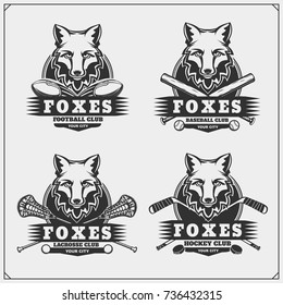 Football, lacrosse, baseball and hockey logos and labels. Sport club emblems with fox.