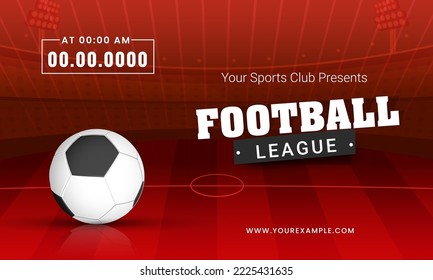 Football League Banner Design With Realistic Soccer Ball On Red Stripe Background.