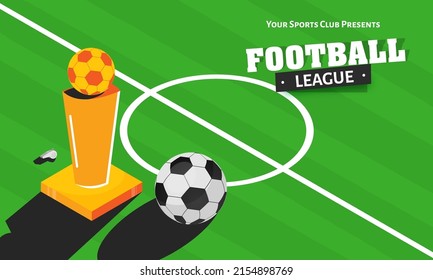 Football League Banner Design With Soccer Ball, Winning Trophy Cup On Green Playground.