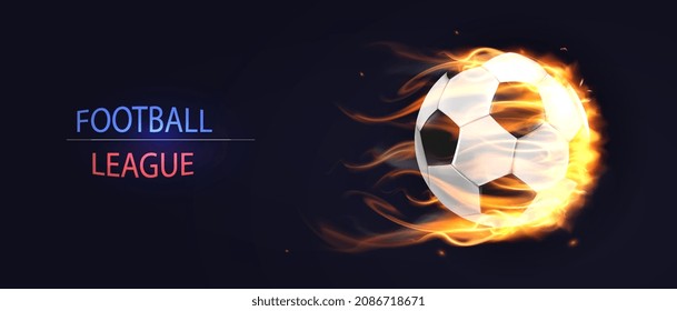 Football League concept. Realistic banner with white flaming ball flying forward and bright inscription. Design element for championships, competitions and tournaments. Cartoon 3D vector illustration