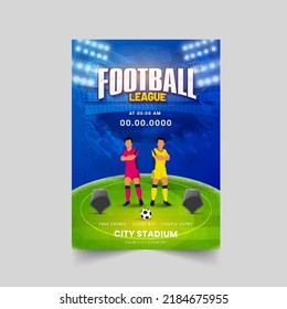 Football League Flyer Design With Faceless Footballer Players Of Participating Countries On Stadium View.