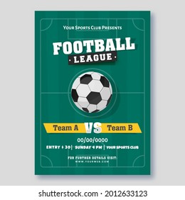 Football League Poster OR Template Design With Realistic Soccer Ball On Green Background.