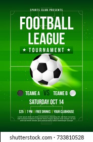 Football League Tournament Flyer Invitation Vector Illustration, Soccer Ball On Football Pitch Background. (RGB Color)