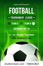 Football League Tournament Flyer Invitation Vector Illustration, Soccer Ball With Football Pitch Background. (RGB Color)