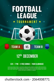 Football league tournament poster design vector illustration. Soccer ball on the field of stadium