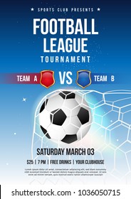 Football league tournament poster vector illustration, Soccer ball in goal net with blue sky.