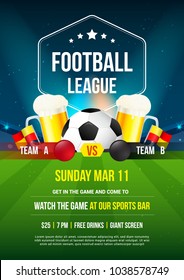 Football league tournament poster vector illustration, Ball with fresh lager beer in a beer mug on football pitch.