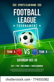 Football league tournament poster vector illustration, Ball with football pitch background.