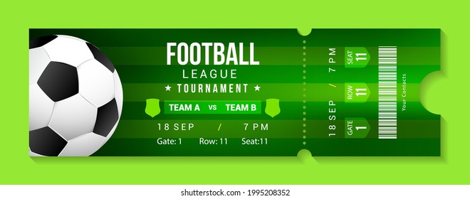 Football league tournament ticket banner vector illustration. Soccer Ticket design