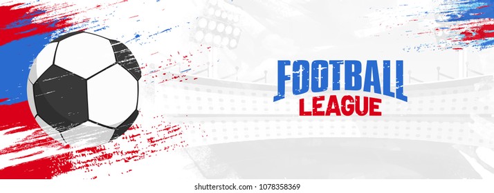 Football league, web banner design with soccer ball on colorful grungy background.